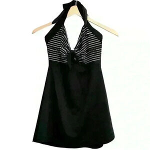 Cocoship Halter One Piece Onesie Skorts Swimwear Black White, Large, Size 10